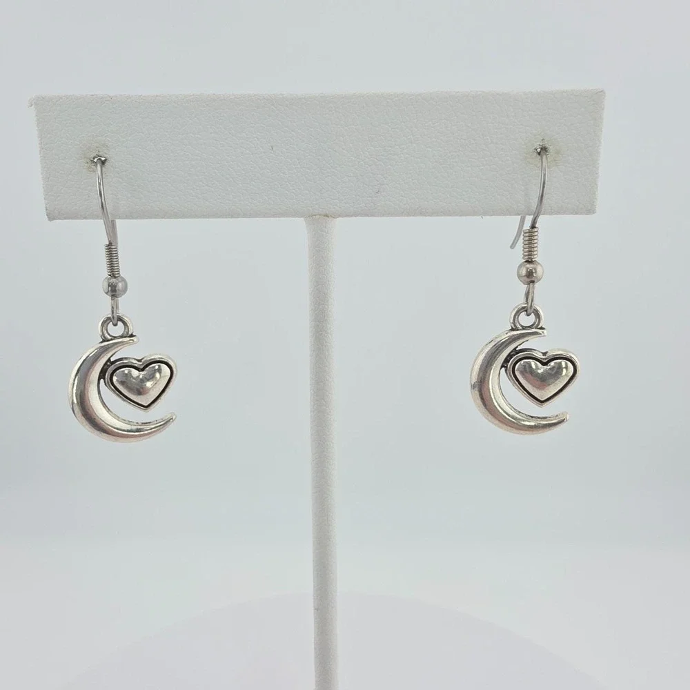 Vintage Crescent Moon Heart Earrings Engraved Puffy Heart Silver Plate